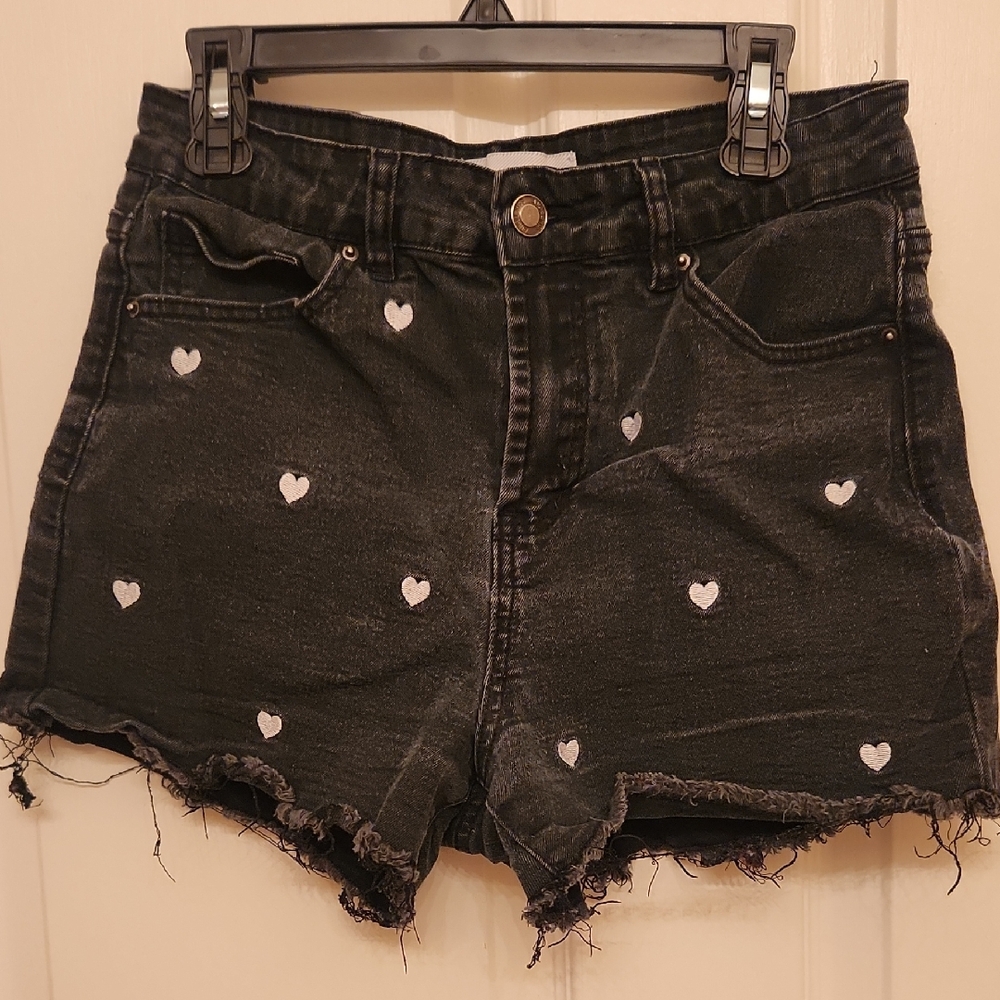 Angel Kiss Black and White Jean Shorts with Heart Embellishments